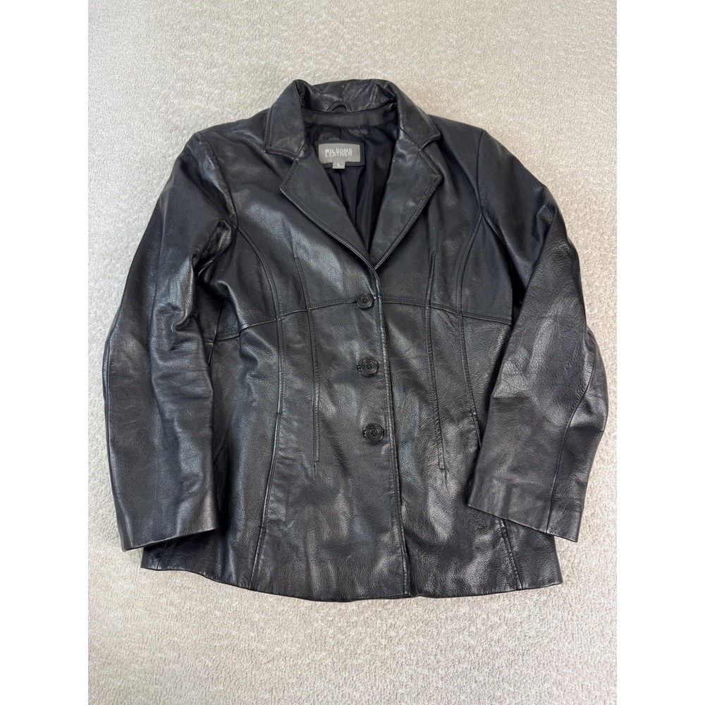 Wilsons Leather Jacket Womens Large Black Genuine Leather Button Front Coat Chic
